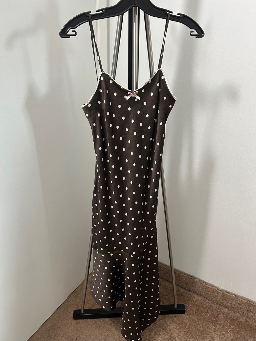 NWOT monteau los angeles Brown Polka Dot Slip Dress with Pink Bow